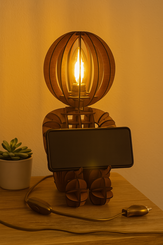 Lampe design en bois avec support téléphone