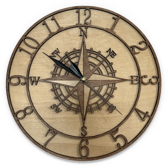 Horloge murale artisanale en bois - rose des vents