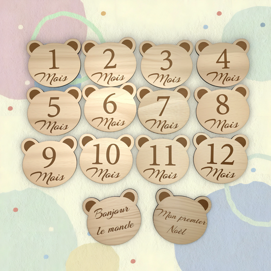 Lot de 14 oursons en bois - Etapes de bébé