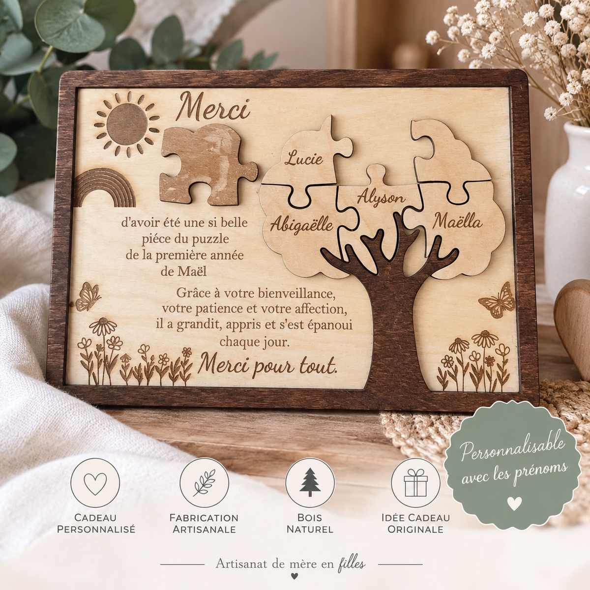 🌳 Cadre puzzle personnalisé – Merci maîtresse / nounou / ATSEM