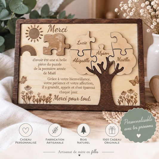 🌳 Cadre puzzle personnalisé – Merci maîtresse / nounou / ATSEM