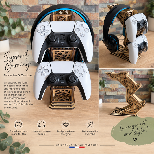 🎮 Support Gaming en bois – 2 manettes & casque